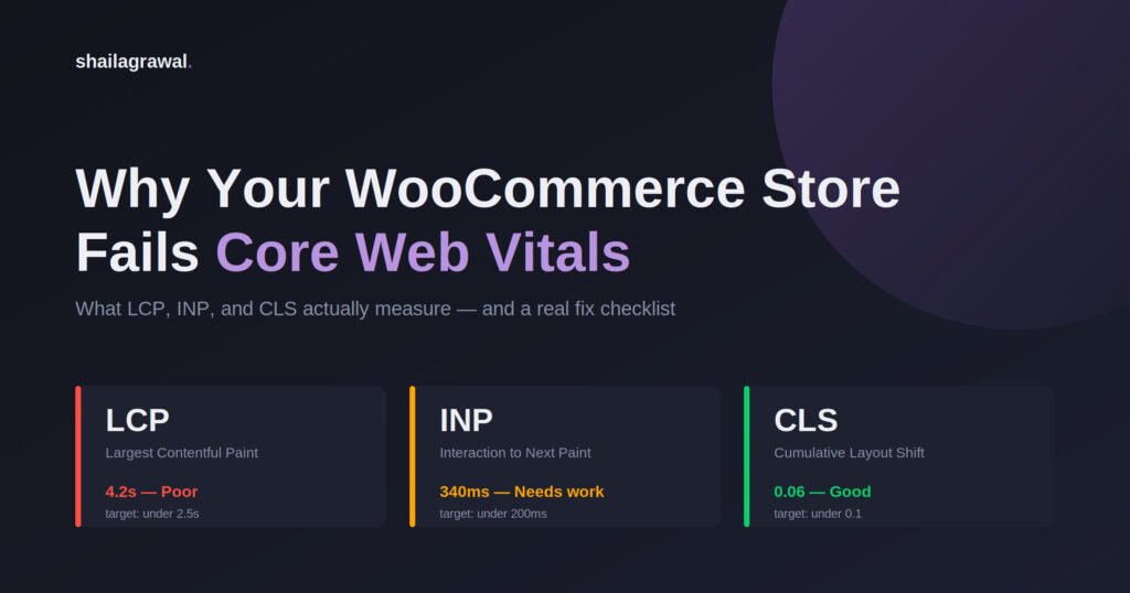 Core Web Vitals scorecard showing LCP, INP, and CLS pass/fail status for a WooCommerce store